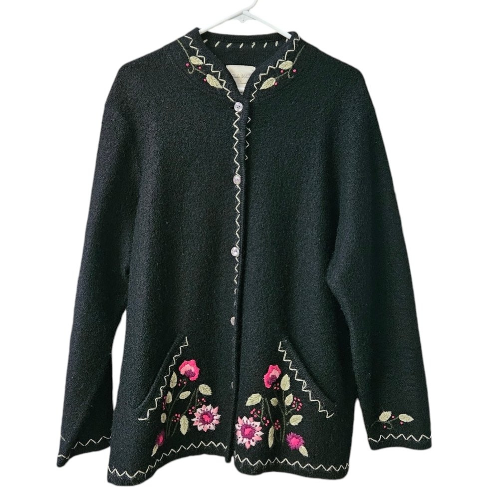Studio Works Women's Embroidered Wool Jacket Coat Size Large Black Pink Floral